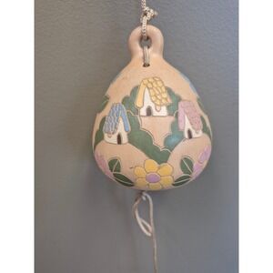 Signed Hand Painted Terracotta Hanging Bell Folk Art Floral Cottage Decor